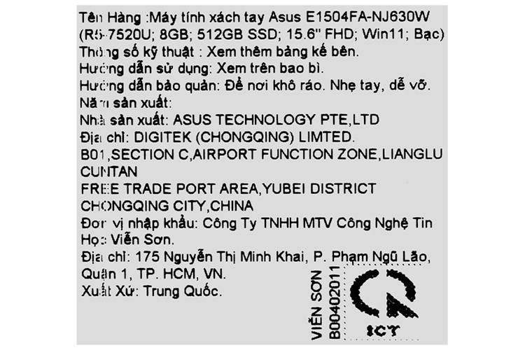 Laptop Asus Vivobook Go 15 E1504FA R5 7520U/8GB/512GB/Win11 (NJ630W) Màu Bạc