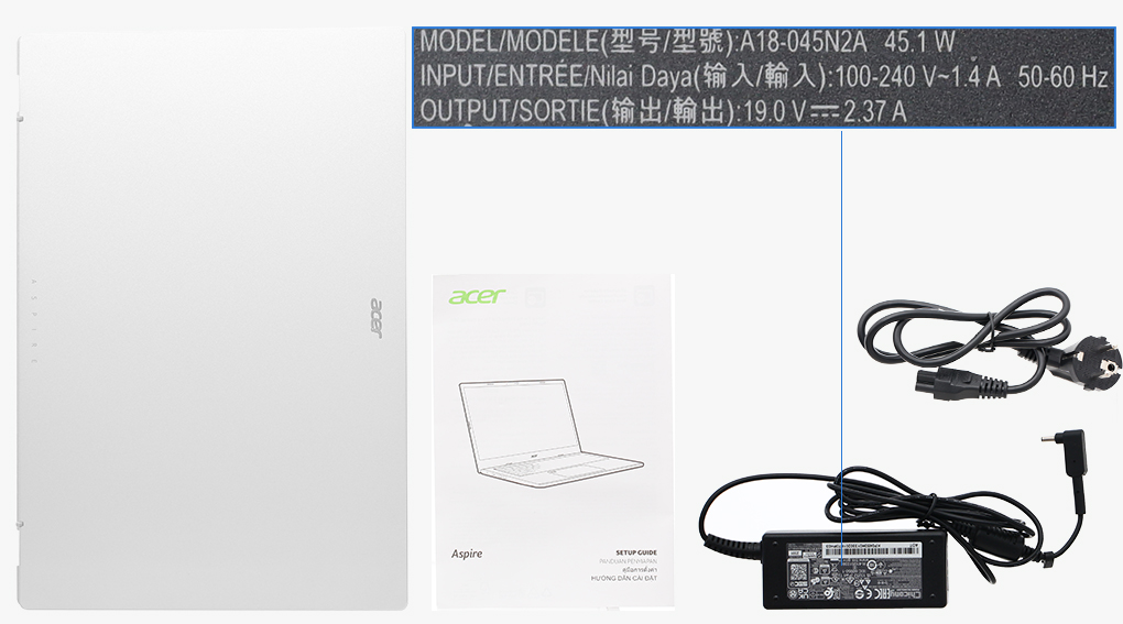 Bộ sản phẩm gồm: Sách hướng dẫn, Thùng máy, Sạc Laptop Acer