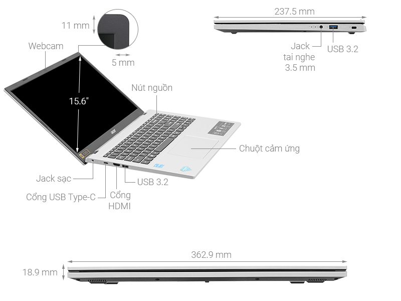 Acer Aspire 3 A315 510P 32EF i3 N305/8GB/256GB/Win11 (NX.KDHSV.001)