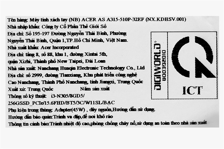 Laptop Acer Aspire 3 A315 510P 32EF i3 N305/8GB/256GB/Win11 (NX.KDHSV.001) Màu Bạc