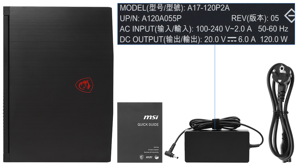 Bộ sản phẩm gồm: Sách hướng dẫn, Thùng máy, Sạc Laptop MSI ( 120W )