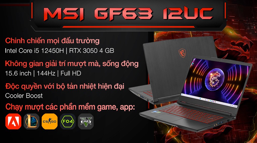 Laptop MSI Gaming GF63 12UC i5 12450H/8GB/512GB/4GB RTX3050/144Hz/Win11 (803VN)