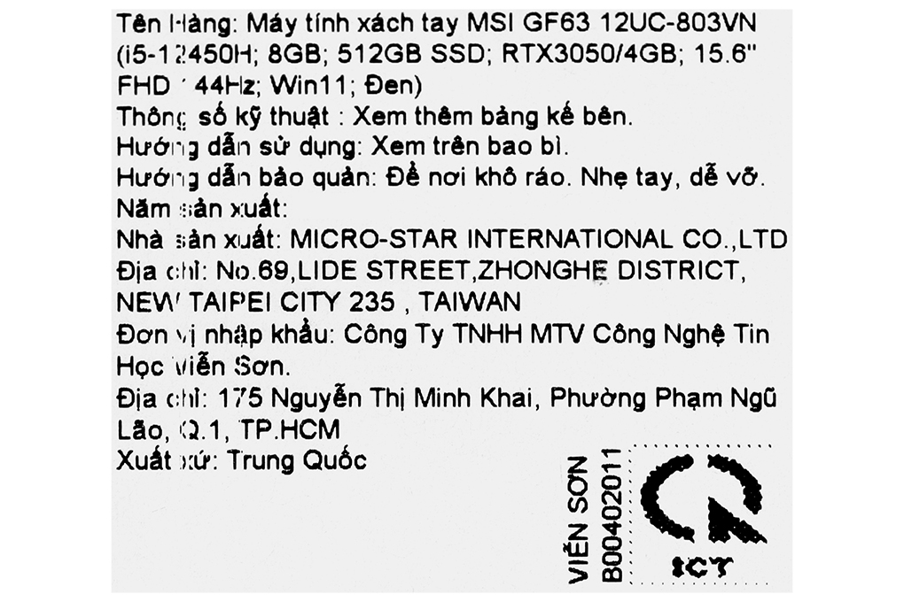 Laptop MSI Gaming Thin GF63 12UC i5 12450H/8GB/512GB/4GB RTX3050/144Hz/Win11 (803VN) Màu Đen