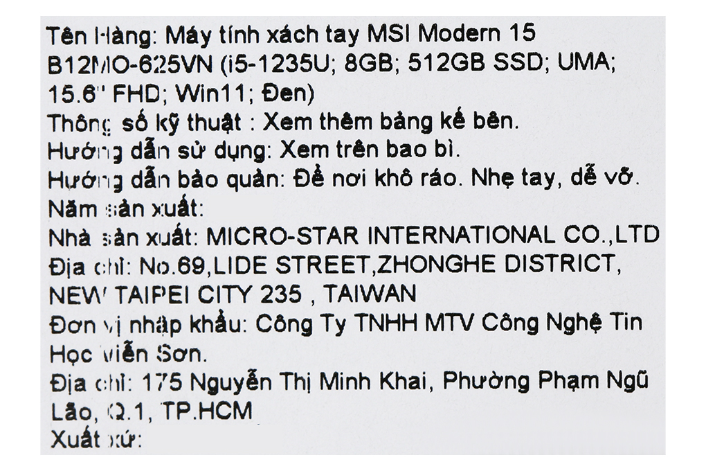 Laptop MSI Modern 15 B12MO - 625VN (i5 1235U, 8GB, 512GB, Full HD, Win11) Màu Đen