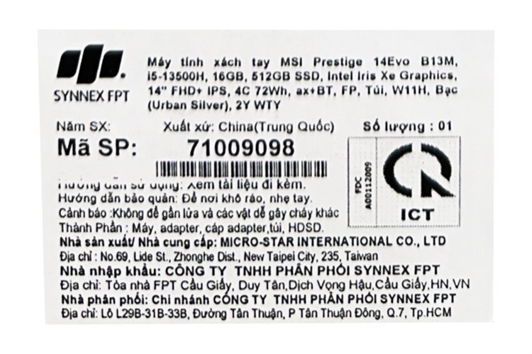 Laptop MSI Prestige 14 Evo B13M i5 13500H/16GB/512GB/Balo/Win11 (401VN) Màu Bạc