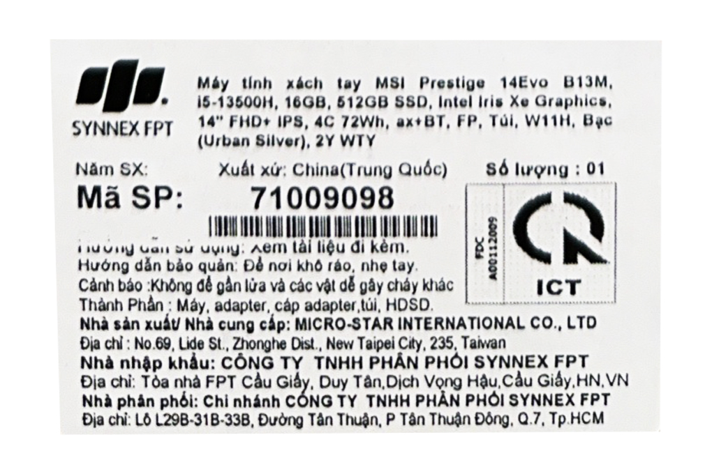 Laptop MSI Prestige 14 Evo B13M i5 13500H/16GB/512GB/Balo/Win11 (401VN) Màu Bạc