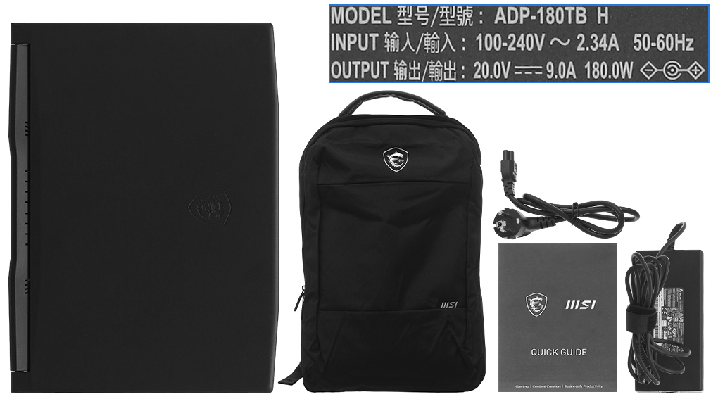 Bộ sản phẩm gồm: Sách hướng dẫn, Balo ( Trong thùng máy ), Thùng máy, Sạc Laptop MSI ( 180W )