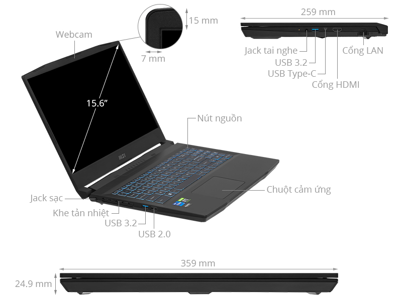 MSI Gaming Katana GF66 12UCK i7 12650H/8GB/512GB/4GB RTX3050/144Hz/Balo/Win11 (804VN)