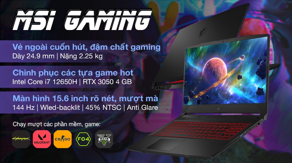Laptop MSI Gaming Katana GF66 12UCK i7 12650H/8GB/512GB/4GB RTX3050/144Hz/Balo/Win11 (804VN)