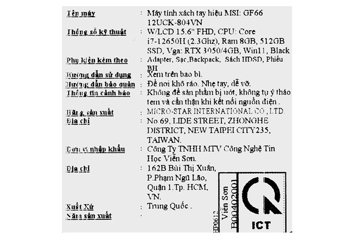 Laptop MSI Gaming Katana GF66 12UCK i7 12650H/8GB/512GB/4GB RTX3050/144Hz/Balo/Win11 (804VN) Màu Đen