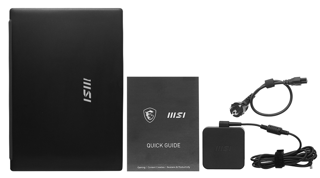 Bộ sản phẩm gồm: Thùng máy, Sạc Laptop MSI ( 65W ), Sách hướng dẫn