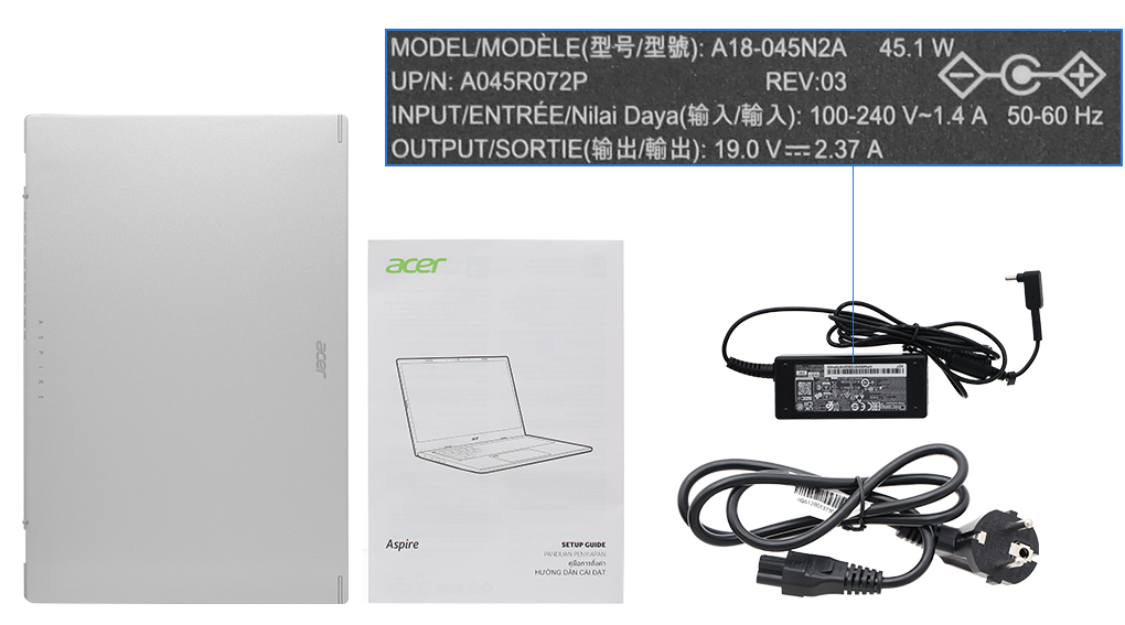 Bộ sản phẩm gồm: Thùng máy, Sạc Laptop Acer, Sách hướng dẫn