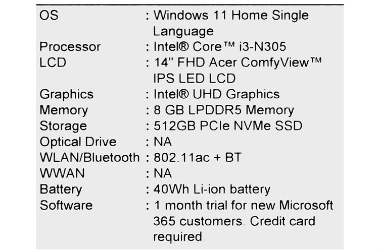 Laptop Acer Aspire 3 A314 36M 391A i3 N305/8GB/512GB/Win11 (NX.KDMSV.002) Màu Bạc