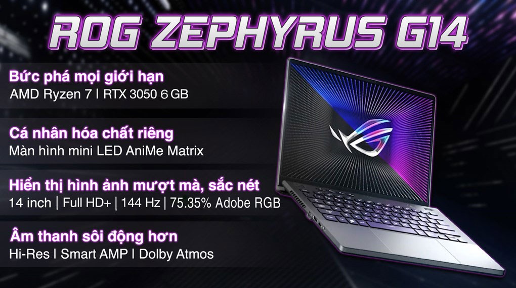 Laptop Asus Gaming ROG Zephyrus G14 GA402NJ R7 7735HS/16GB/512GB/6GB RTX3050/144Hz/Túi/Win11 (L4056W) hover