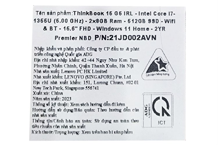 Laptop Lenovo ThinkBook 15 G5 IRL i7 1355U/16GB/512GB/15.6"F/Win11 (21JD002AVN) Màu Xám