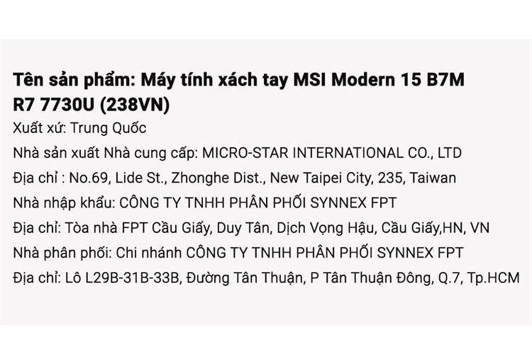 Laptop MSI Modern 15 B7M R7 7730U/16GB/512GB/Win11 (238VN) Màu Đen