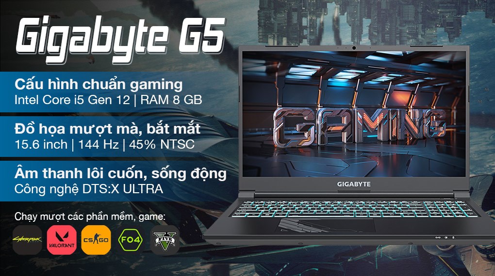 Laptop Gigabyte Gaming G5 i5 12500H/8GB/512GB/6GB RTX4050/144Hz/Win11 (MF-E2VN333SH)