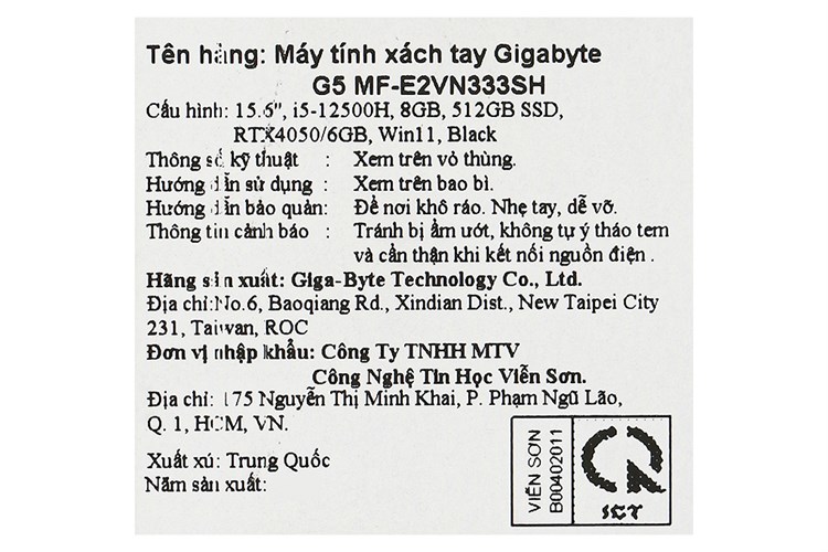 Laptop Gigabyte Gaming G5 i5 12500H/8GB/512GB/6GB RTX4050/144Hz/Win11 (MF-E2VN333SH) Màu Đen