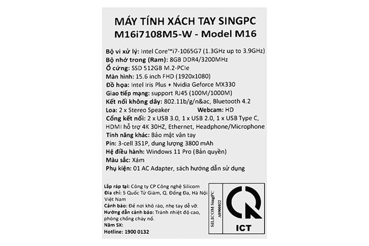 Laptop SingPC M16 i7 1065G7/8GB/512GB/2GB MX330/Win11 Pro (M16i7108M5-W) Màu Xám