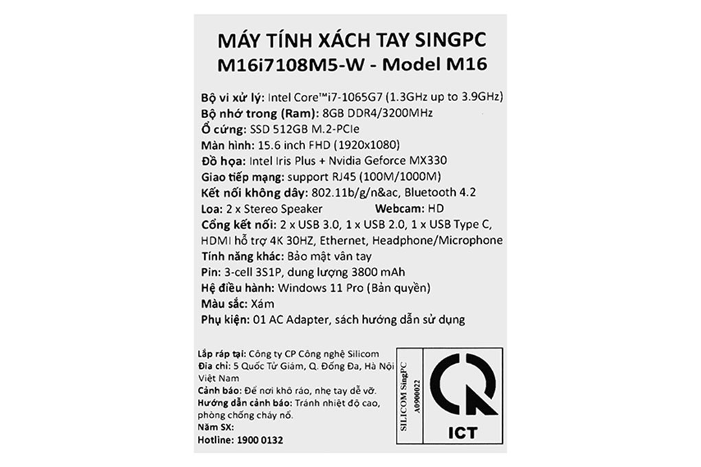Laptop SingPC M16 i7 1065G7/8GB/512GB/2GB MX330/Win11 Pro (M16i7108M5-W) Màu Xám