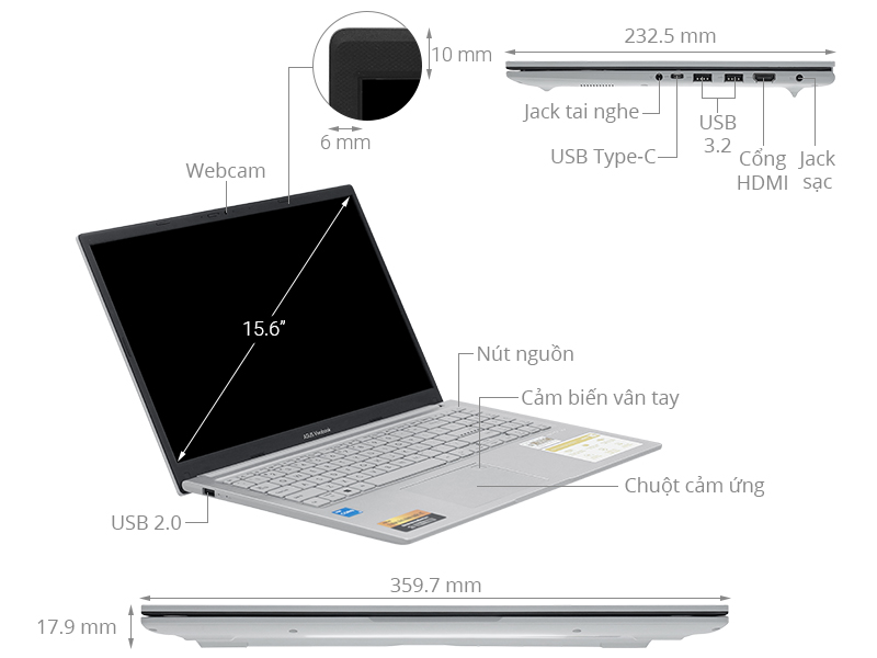 Asus Vivobook 15 X1504ZA - NJ102W (i3 1215U, 8GB, 512GB, Full HD, Win11)