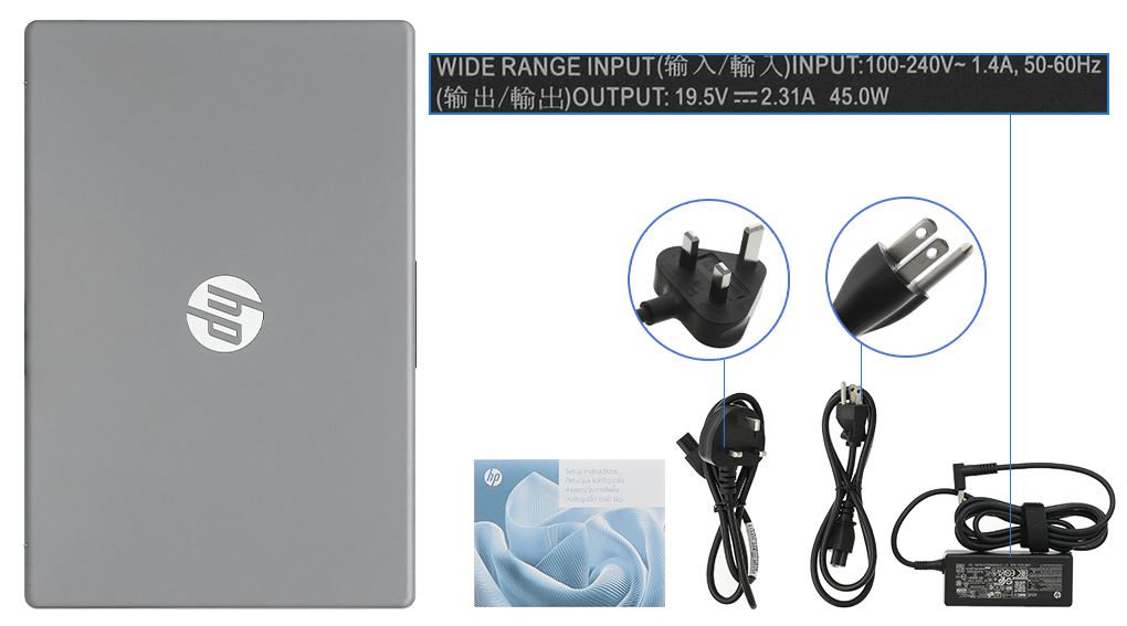 Bộ sản phẩm gồm: Sách hướng dẫn, Thùng máy, Sạc Laptop HP ( 45W )