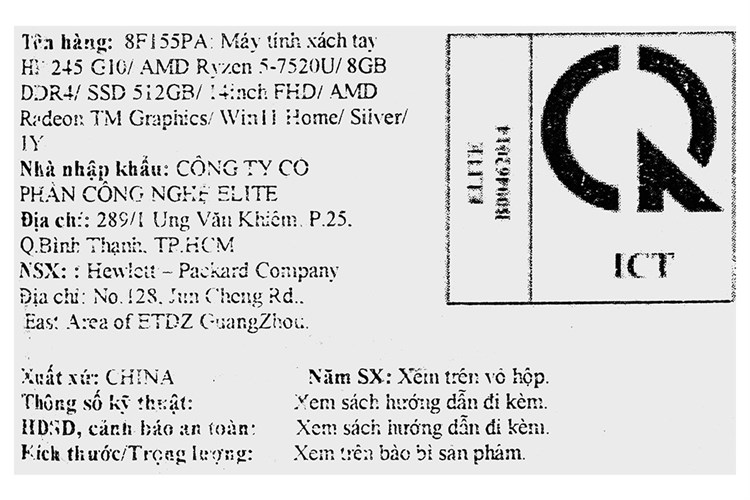 Laptop HP 245 G10 R5 7520U/8GB/512GB/Win11 (8F155PA) Màu Bạc