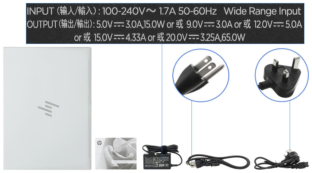 Bộ sản phẩm gồm: Thùng máy, Sạc Laptop HP ( 65W USB-C ), Sách hướng dẫn