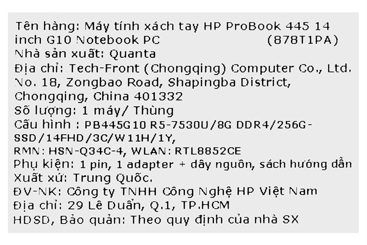 Laptop HP ProBook 445 G10 R5 7530U/8GB/256GB/Win11 (878T1PA) Màu Bạc