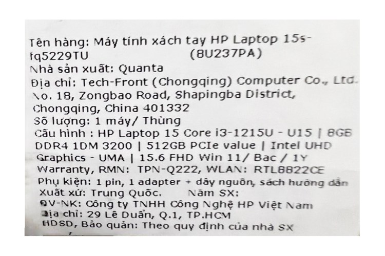 Laptop HP 15s fq5229TU i3 1215U/8GB/512GB/Win11 (8U237PA) Màu Bạc