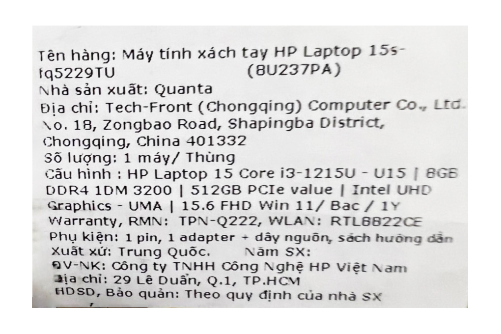 Laptop HP 15s fq5229TU i3 1215U/8GB/512GB/Win11 (8U237PA) - 15