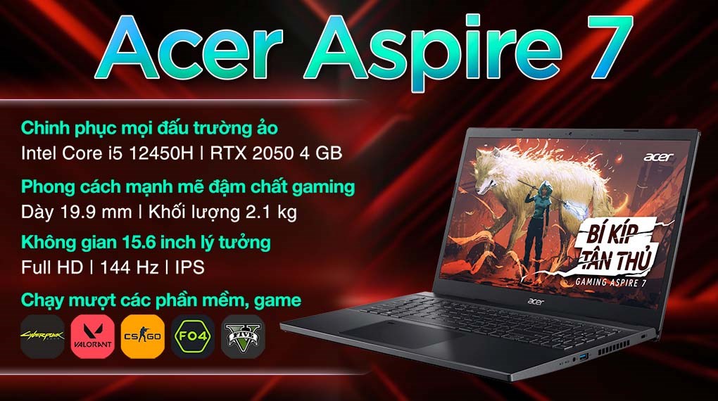 Laptop Acer Gaming Aspire 7 A715 76G 59MW i5 12450H/8GB/512GB/4GB RTX2050/144Hz/Win11 (NH.QMYSV.001)
