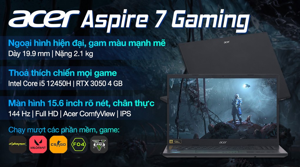 Laptop Acer Gaming Aspire 7 A715 76G 5806 i5 12450H/16GB/512GB/4GB RTX3050/144Hz/Win11 (NH.QMFSV.002)