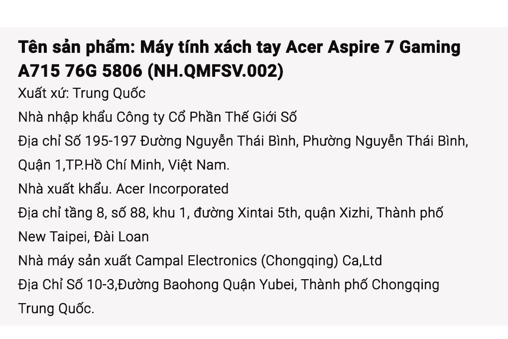 Laptop Acer Gaming Aspire 7 A715 76G 5806 - NH.QMFSV.002 (i5 12450H, 16GB, 512GB, RTX 3050 4GB, Full HD 144Hz, Win11) Màu Đen