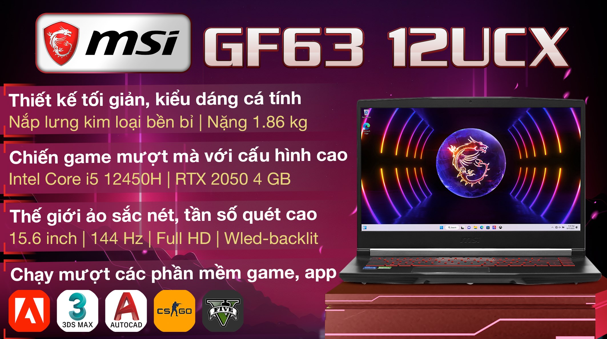 Laptop MSI Gaming GF63 12UCX i5 12450H/8GB/512GB/4GB RTX2050/144Hz/Win11 (841VN)