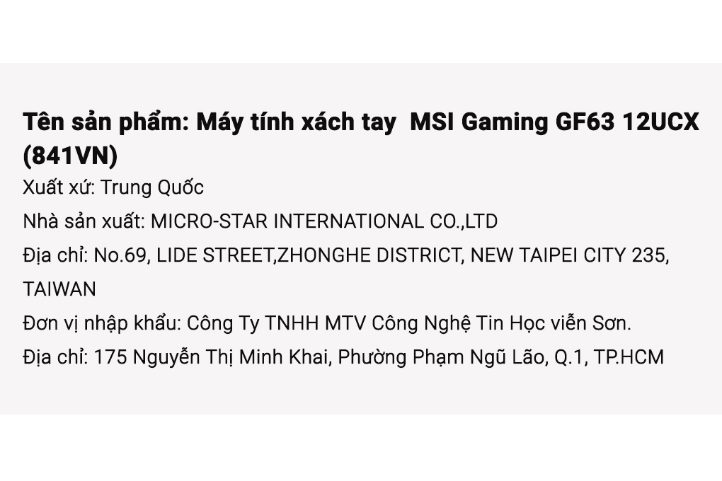 Laptop MSI Gaming GF63 12UCX i5 12450H/8GB/512GB/4GB RTX2050/144Hz/Win11 (841VN) Màu Đen