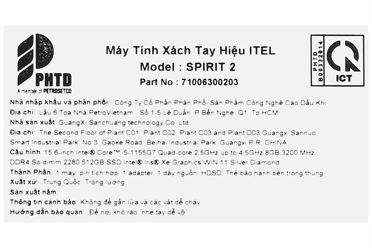 Laptop Itel Spirit 2 i5 1155G7/8GB/512GB/Win11 (71006300203) Màu Bạc