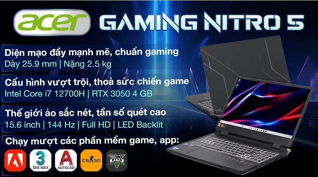 Laptop Acer Gaming Nitro 5 Tiger AN515 58 769J i7 12700H/8GB/512GB/4GB RTX3050/144Hz/Win11 (NH.QFHSV.003)