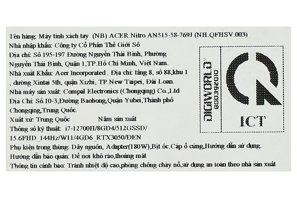 Laptop Acer Gaming Nitro 5 Tiger AN515 58 769J i7 12700H/8GB/512GB/4GB RTX3050/144Hz/Win11 (NH.QFHSV.003) Màu Đen