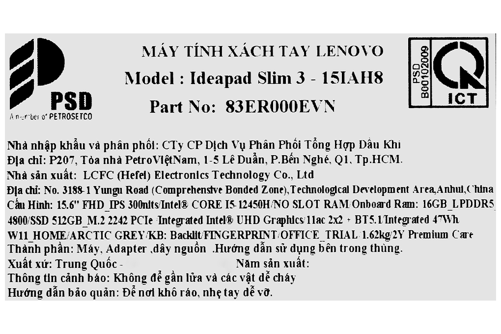 Laptop Lenovo Ideapad Slim 3 15IAH8 i5 12450H/16GB/512GB/Win11 (83ER000EVN) Màu Xám