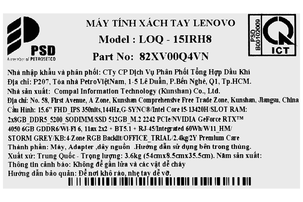 Laptop Lenovo LOQ Gaming 15IRH8 i5 13420H/16GB/512GB/6GB RTX4050/144Hz/Win11 (82XV00Q4VN) - 16
