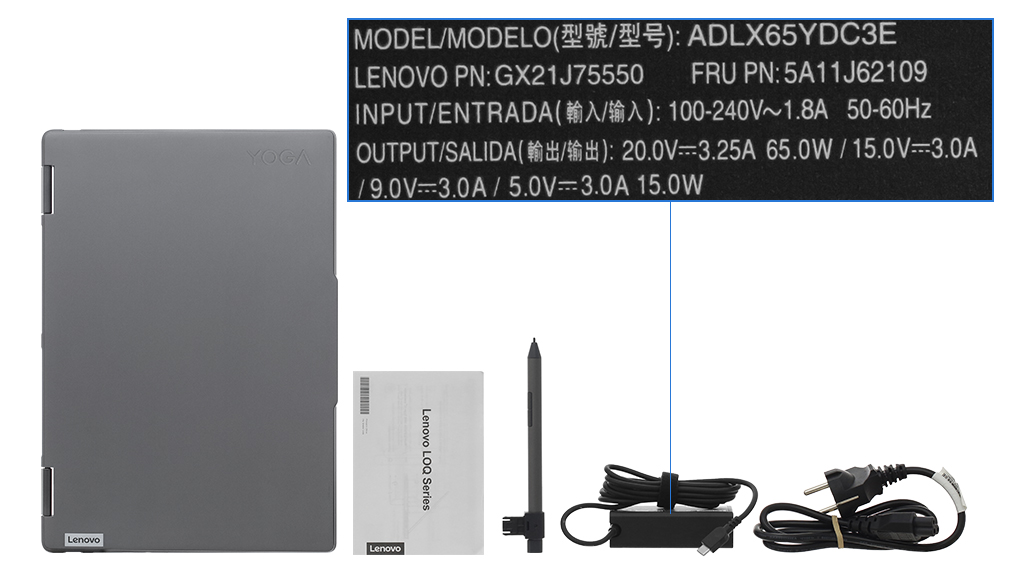 Bộ sản phẩm gồm: Sách hướng dẫn, Bút cảm ứng, Thùng máy, Sạc Laptop Lenovo ( 65W USB-C )