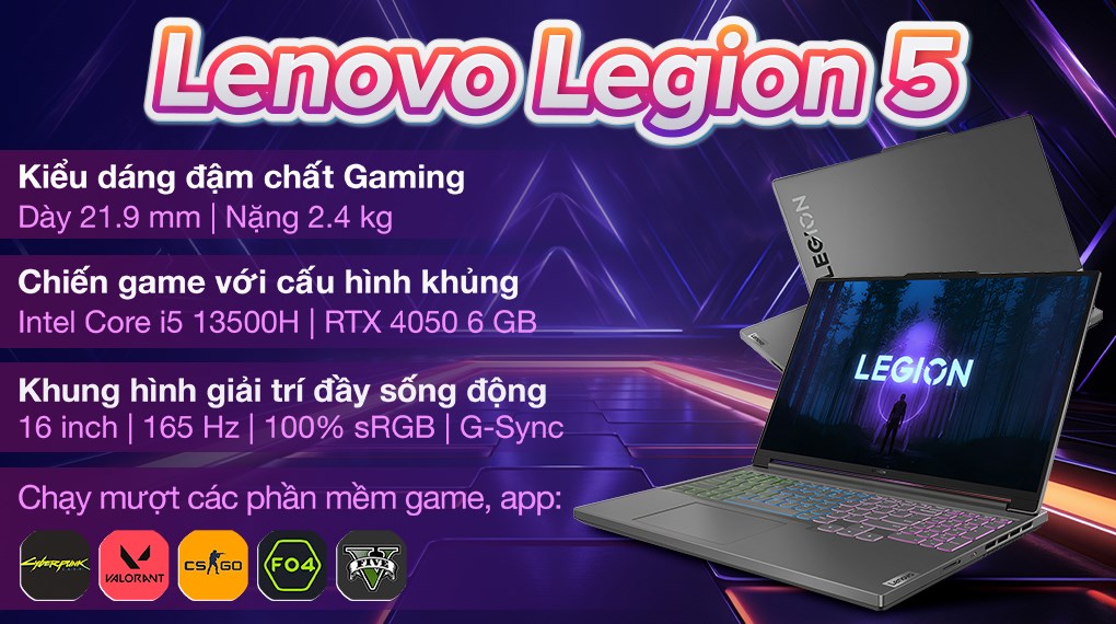 Laptop Lenovo Gaming Legion 5 16IRH8 i5 13500H/16GB/512GB/6GB RTX4050/165Hz/Win11 (82YA00BSVN) hover