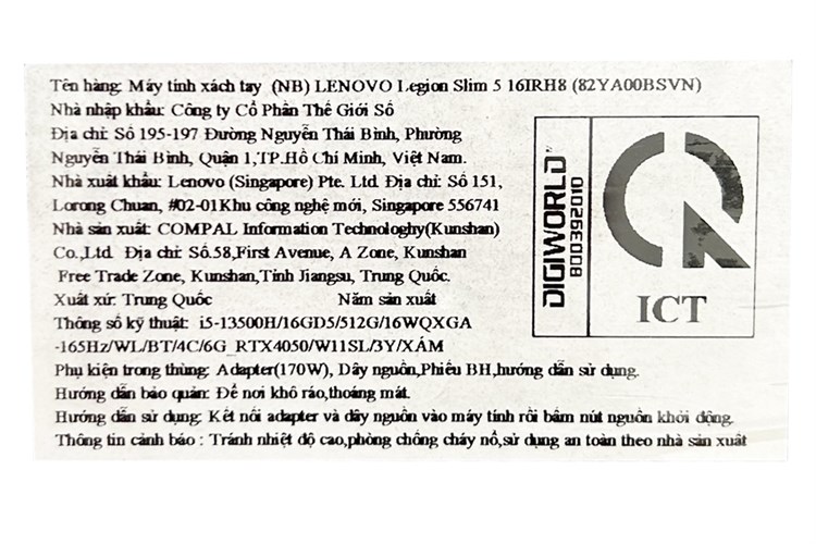 Laptop Lenovo Gaming Legion 5 16IRH8 i5 13500H/16GB/512GB/6GB RTX4050/165Hz/Win11 (82YA00BSVN) Màu Xám