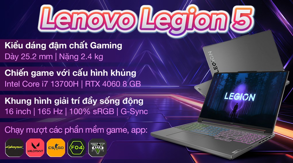 Laptop Lenovo Gaming Legion 5 16IRH8 i7 13700H/16GB/1TB/8GB RTX4060/165Hz/Win11 (82YA00DTVN)