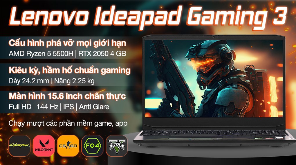 Laptop Lenovo Ideapad Gaming 3 15ACH6 R5 5500H/16GB/512GB/4GB RTX2050/144Hz/Win11 (82K2027PVN)