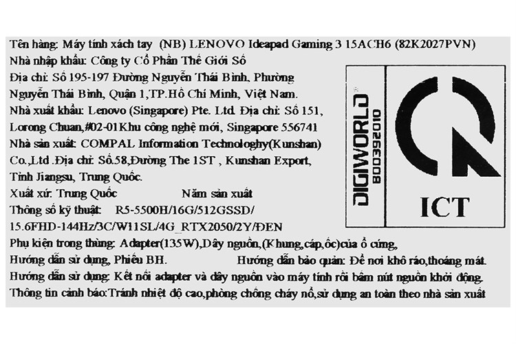Laptop Lenovo Ideapad Gaming 3 15ACH6 R5 5500H/16GB/512GB/4GB RTX2050/144Hz/Win11 (82K2027PVN) Màu Đen