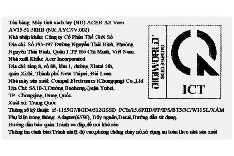 Laptop Acer Aspire Vero AV15 51 58HB i5 1155G7/8GB/512GB/Win11 (NX.AYCSV.002) Màu Xám