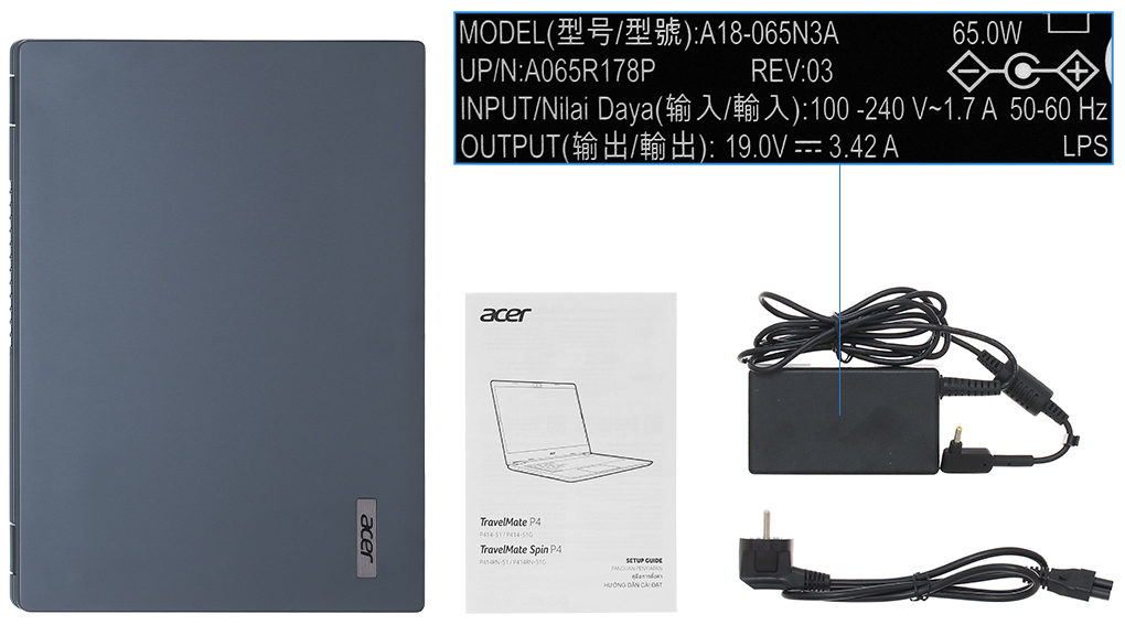 Bộ sản phẩm gồm: Sách hướng dẫn, Thùng máy, Sạc Laptop Acer
