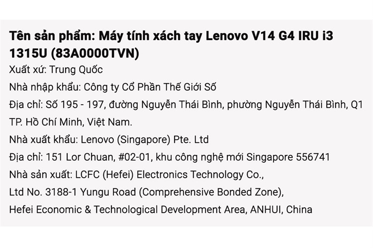 Laptop Lenovo V14 G4 IRU i3 1315U/8GB/512GB/Win11 (83A0000TVN) Màu Xám